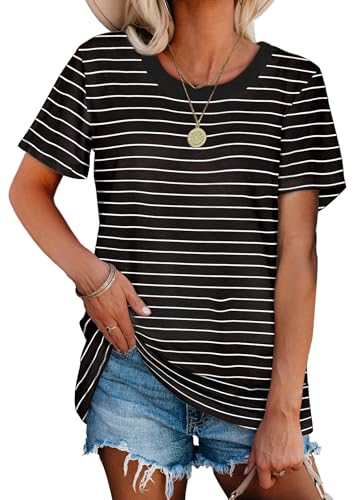 Jescakoo Tshirts for Womens Casual Summer Round Neck Striped Tops Black L - Image 3