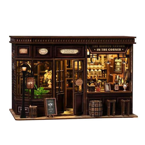 Shylamb Book Nook Kit DIY Miniature Dolls House Kit with Furniture and LED Light 3D Puzzle Wooden Art Bookends Model Kits for for Adults and Teens Corner Tavern - Image 1
