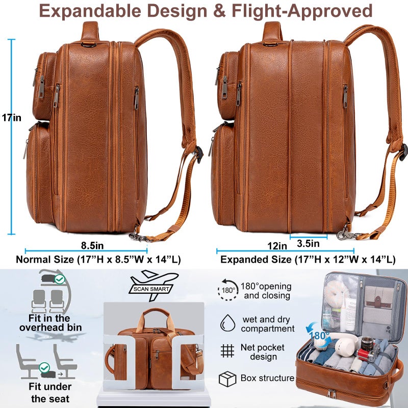 weiatas 3-in-1 Vegan Leather Convertible Laptop Bag for Men Women, 15.6 Inch Waterproof Expandable Backpack, Computer Briefcase, Shoulder Messenger Bag & Weekend Bag for Business Travel Work (Brown) - Image 4