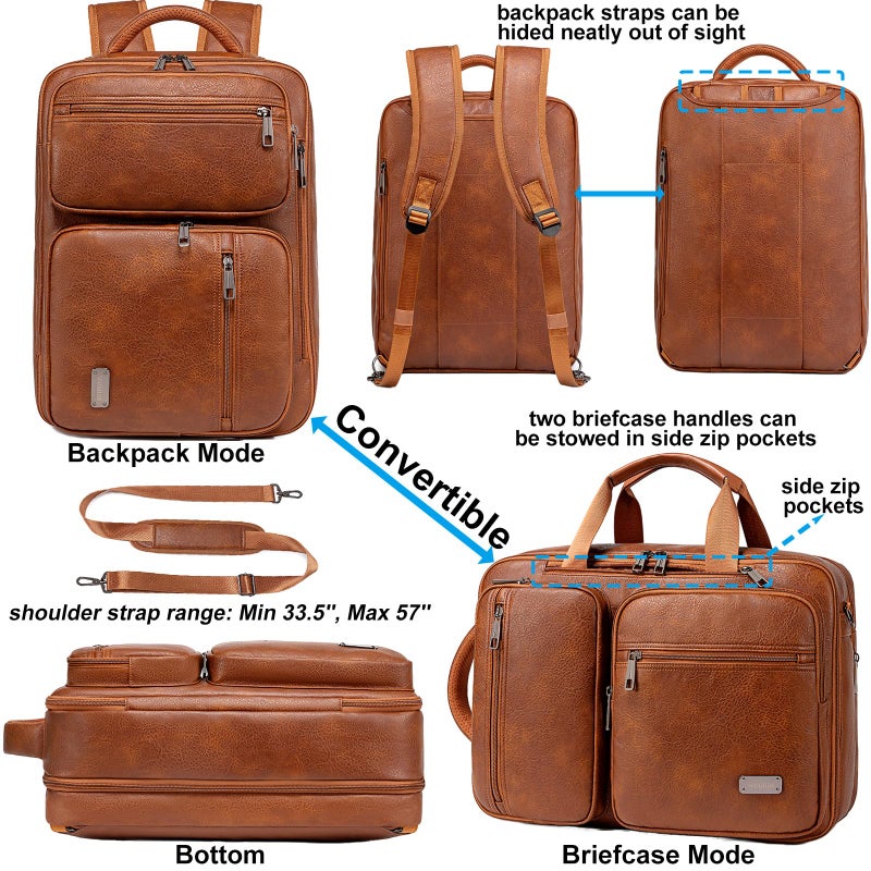 weiatas 3-in-1 Vegan Leather Convertible Laptop Bag for Men Women, 15.6 Inch Waterproof Expandable Backpack, Computer Briefcase, Shoulder Messenger Bag & Weekend Bag for Business Travel Work (Brown) - Image 5