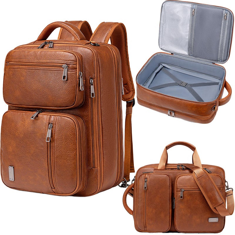 weiatas 3-in-1 Vegan Leather Convertible Laptop Bag for Men Women, 15.6 Inch Waterproof Expandable Backpack, Computer Briefcase, Shoulder Messenger Bag & Weekend Bag for Business Travel Work (Brown) - Image 1