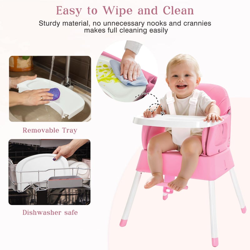 BABHAMNESS 5 in 1 Foldable Baby High Chair,Convertible Highchair for Babies and Toddlers-Portable Infant Booster Seat,Carry Small Box,Dining Chair,Toddler High Chair with 5-Point Harness,Removable Tray-Pink - Image 5