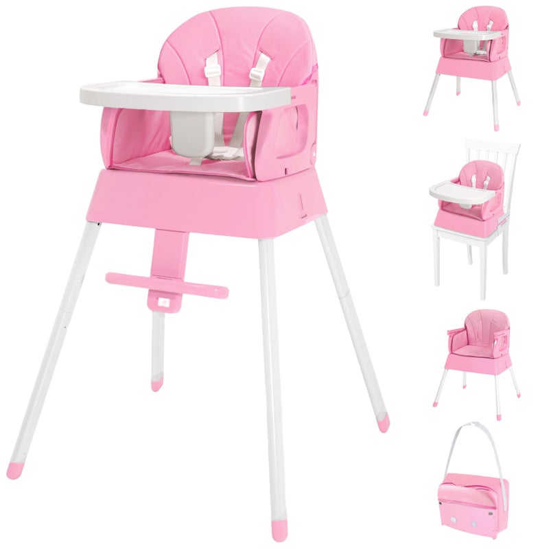 BABHAMNESS 5 in 1 Foldable Baby High Chair,Convertible Highchair for Babies and Toddlers-Portable Infant Booster Seat,Carry Small Box,Dining Chair,Toddler High Chair with 5-Point Harness,Removable Tray-Pink - Image 1