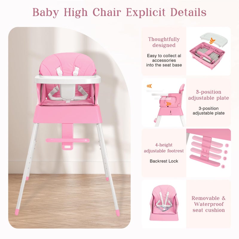 BABHAMNESS 5 in 1 Foldable Baby High Chair,Convertible Highchair for Babies and Toddlers-Portable Infant Booster Seat,Carry Small Box,Dining Chair,Toddler High Chair with 5-Point Harness,Removable Tray-Pink - Image 3