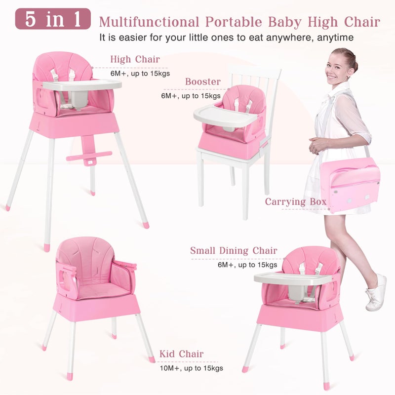 BABHAMNESS 5 in 1 Foldable Baby High Chair,Convertible Highchair for Babies and Toddlers-Portable Infant Booster Seat,Carry Small Box,Dining Chair,Toddler High Chair with 5-Point Harness,Removable Tray-Pink - Image 2