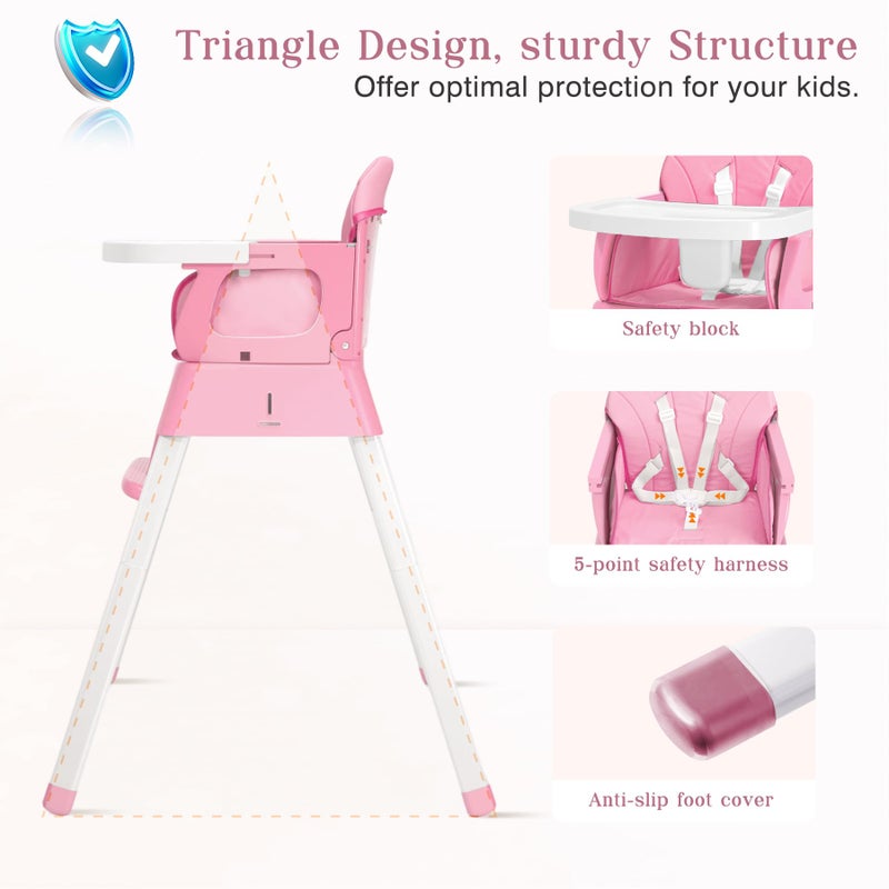 BABHAMNESS 5 in 1 Foldable Baby High Chair,Convertible Highchair for Babies and Toddlers-Portable Infant Booster Seat,Carry Small Box,Dining Chair,Toddler High Chair with 5-Point Harness,Removable Tray-Pink - Image 4