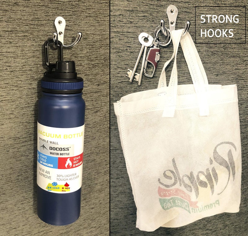 DOCOSS دوكوس - عبوة من 4 - لامع - شماعات ملابس حمام 2 دبوس لأبواب الجدران لتعليق المفاتيح والملابس والمناشف خطاف فولاذي - Image 5