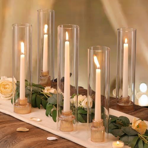 NITIME 9 Set Hurricane Glass Candle Holders for Table Centerpieces, Gold Candlestick Holders with Windproof Cylinder Covers(11.8"/12.6"/13.8" H), Taper Candle Holders for Wedding, Party and Home Decor - Image 1