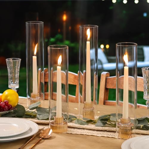 NITIME 9 Set Hurricane Glass Candle Holders for Table Centerpieces, Gold Candlestick Holders with Windproof Cylinder Covers(11.8"/12.6"/13.8" H), Taper Candle Holders for Wedding, Party and Home Decor - Image 5
