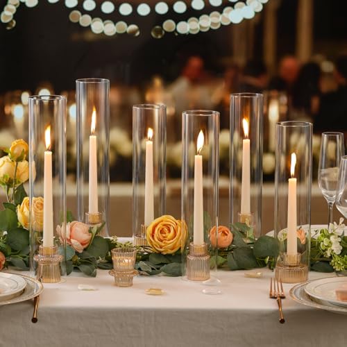 NITIME 9 Set Hurricane Glass Candle Holders for Table Centerpieces, Gold Candlestick Holders with Windproof Cylinder Covers(11.8"/12.6"/13.8" H), Taper Candle Holders for Wedding, Party and Home Decor - Image 4