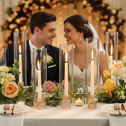 NITIME 9 Set Hurricane Glass Candle Holders for Table Centerpieces, Gold Candlestick Holders with Windproof Cylinder Covers(11.8"/12.6"/13.8" H), Taper Candle Holders for Wedding, Party and Home Decor - Image 3