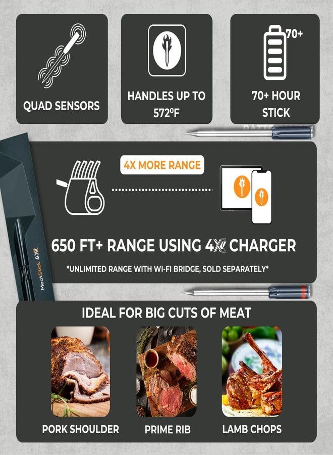 The MeatStick MeatStick 4X Wireless Meat Thermometer for Grilling and Smoking, Bluetooth Temperature Probe with 4 Sensors, 650ft+ Range for BBQ, Smoker, Oven - Image 4