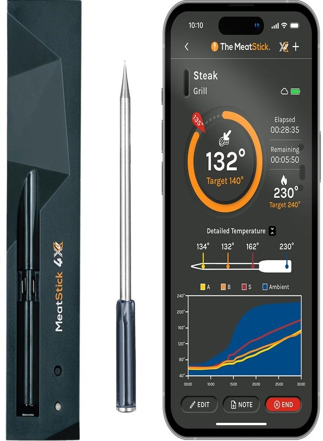 The MeatStick MeatStick 4X Wireless Meat Thermometer for Grilling and Smoking, Bluetooth Temperature Probe with 4 Sensors, 650ft+ Range for BBQ, Smoker, Oven - Image 1