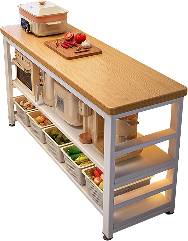 DAYONG 3-Tier Kitchen Island, 100CM Width Solid Island Counter, Kitchen Storage Rack with Thickened Worktop and Stable Steel Structure, Multi-functional Preparation Workbench (100CM Width) - Image 1