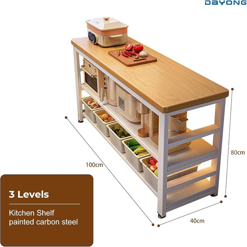 DAYONG 3-Tier Kitchen Island, 100CM Width Solid Island Counter, Kitchen Storage Rack with Thickened Worktop and Stable Steel Structure, Multi-functional Preparation Workbench (100CM Width) - Image 2