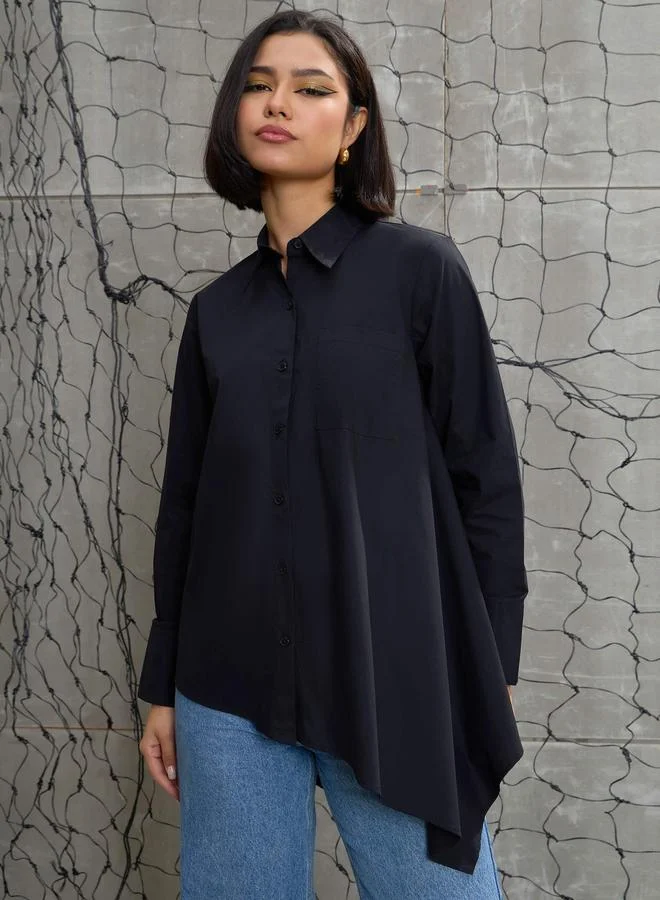 ساسافراس Sassafras Black Poplin Asymmetric Hem Buttoned Shirt