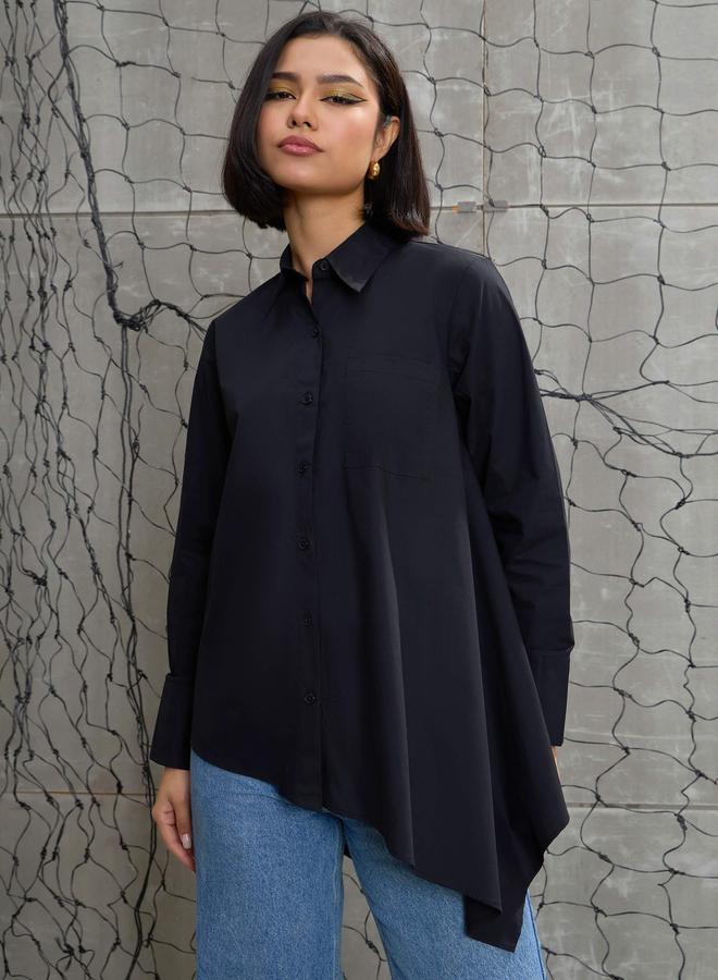 ساسافراس قميص ساسافراس أسود بوبلين بحافة غير متماثلة وأزرار - Image 1