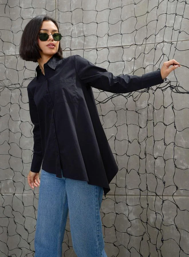 ساسافراس Sassafras Black Poplin Asymmetric Hem Buttoned Shirt