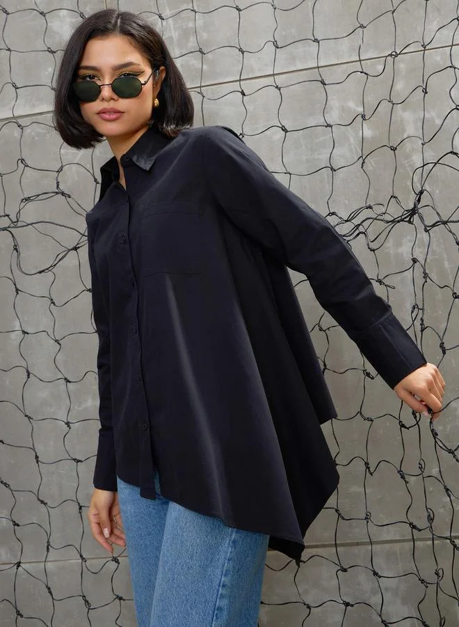 SASSAFRAS Black Poplin Asymmetric Hem Buttoned Shirt