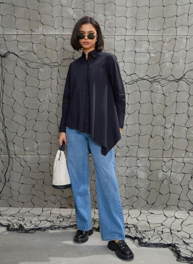 ساسافراس قميص ساسافراس أسود بوبلين بحافة غير متماثلة وأزرار - Image 3