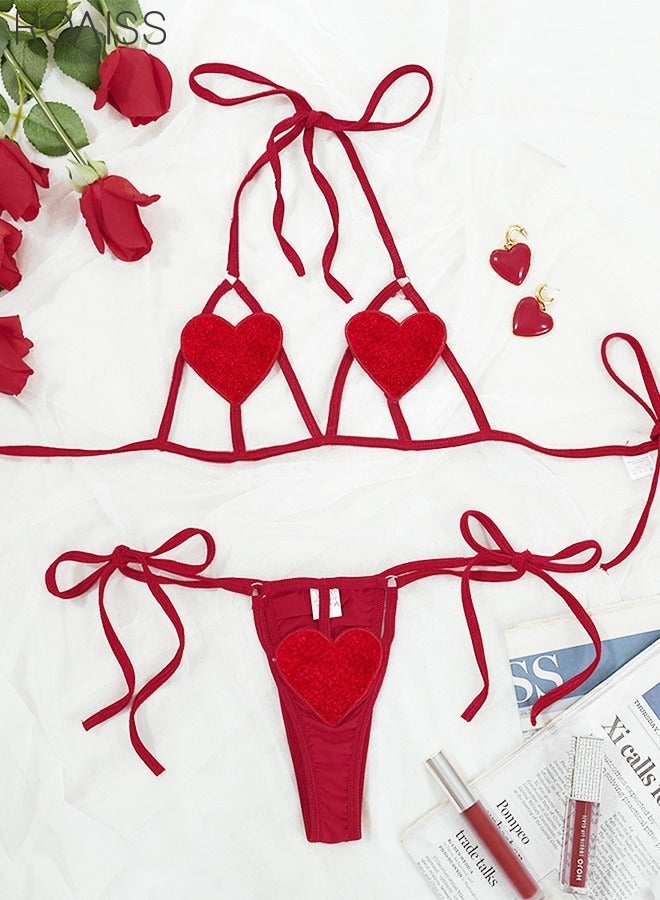 roaiss 2-Piece Women's Love Hollowed Out Underwear Neck Tied Open Back Bra Lace Up Heart Shaped Hollow Underwear on Both Sides - Image 1