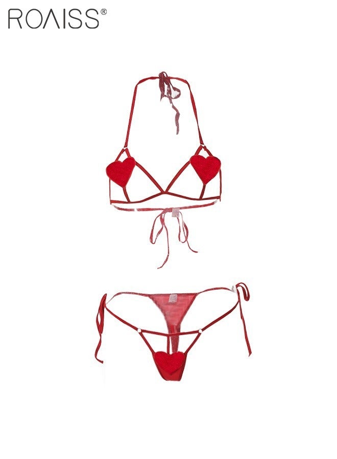 roaiss 2-Piece Women's Love Hollowed Out Underwear Neck Tied Open Back Bra Lace Up Heart Shaped Hollow Underwear on Both Sides - Image 3