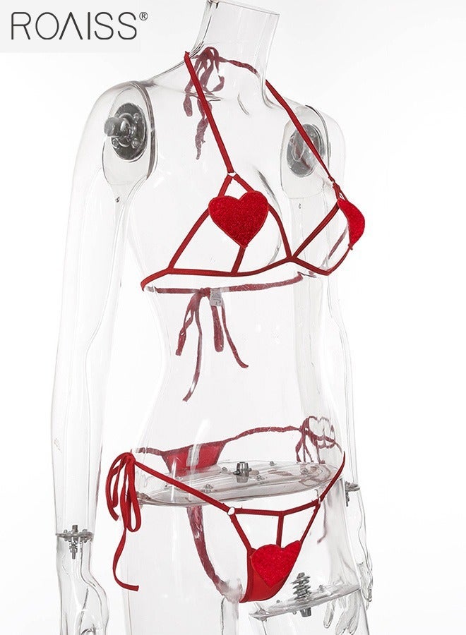 roaiss 2-Piece Women's Love Hollowed Out Underwear Neck Tied Open Back Bra Lace Up Heart Shaped Hollow Underwear on Both Sides - Image 2