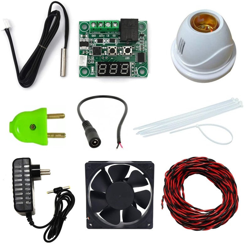 ROBOMALLS ™ DIY Incubator Kit with W1209 Microcontroller for Temperature Monitoring + Bulb Holder + 8020 Fan, 12v 1amp adaptor + Dc Jack + 50mm Tie (pack of 8) - Image 1