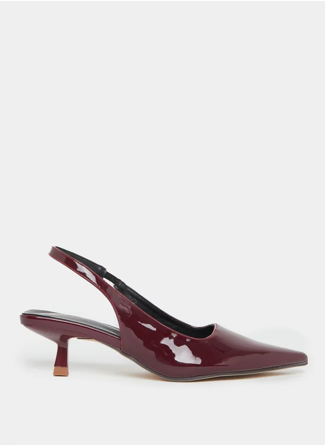 Styli Patent Design Pointed Toe Kitten Heel Slingback Shoes