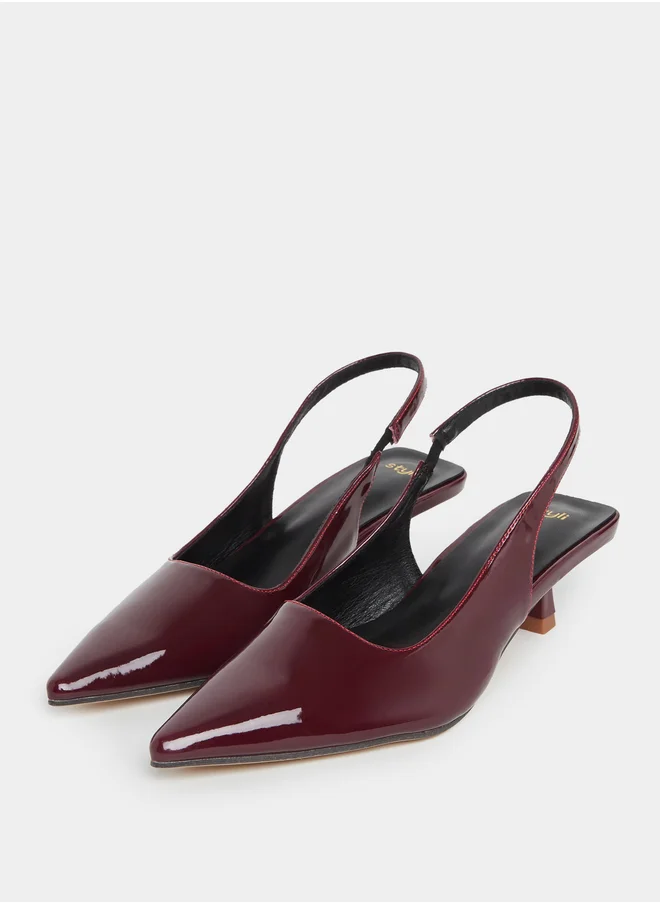 Styli Patent Design Pointed Toe Kitten Heel Slingback Shoes
