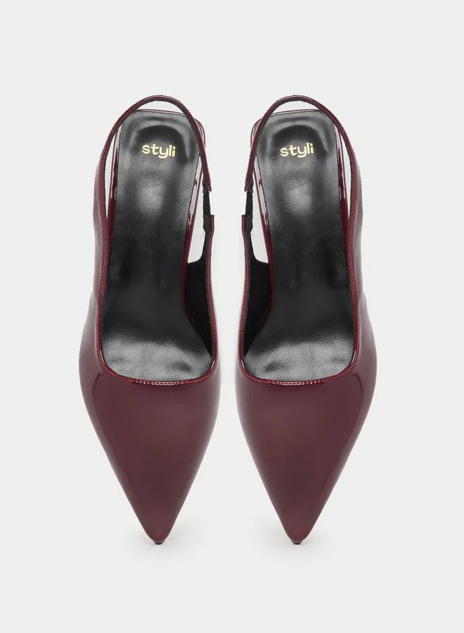 Styli Styli Patent Design Pointed Toe Kitten Heel Slingback Shoes