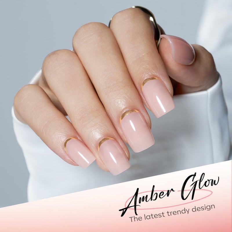 Modelones French Tip Press on Nails Short, Square Fake Nails, Reusable Nail Kit with Nail Glue Adhesive Tabs Mini Nail File, Nails Press Ons 32Pcs 16Sizes, Women Girl Gift, Golden Nude, Spring - Image 3