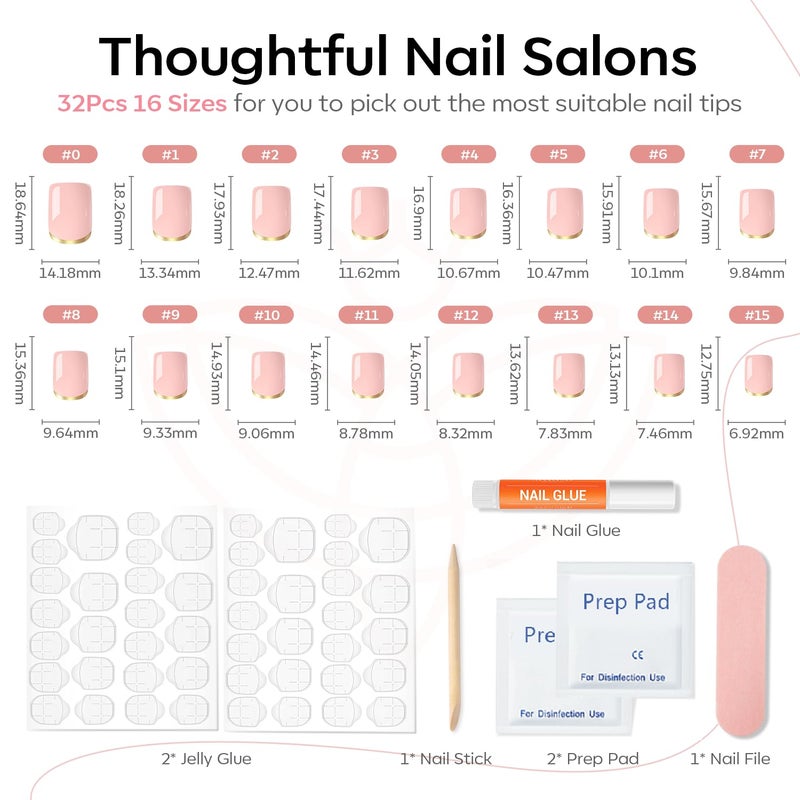Modelones French Tip Press on Nails Short, Square Fake Nails, Reusable Nail Kit with Nail Glue Adhesive Tabs Mini Nail File, Nails Press Ons 32Pcs 16Sizes, Women Girl Gift, Golden Nude, Spring - Image 4