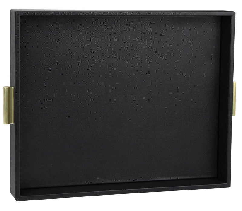 HofferRuffer Extra Large Serving Tray with Handles Elegant Faux Leather Storage Decorative Tray for Coffee Table Ottoman Console Table 20 x 16 x 22 inches Black TrayGolden Handle