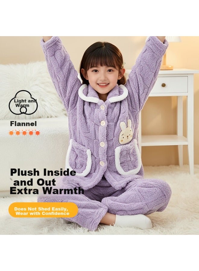 Zisehy Purple Floral Warm Coral Fleece Girls' Pajamas Thickened Flannel Autumn Winter Purple Size 110