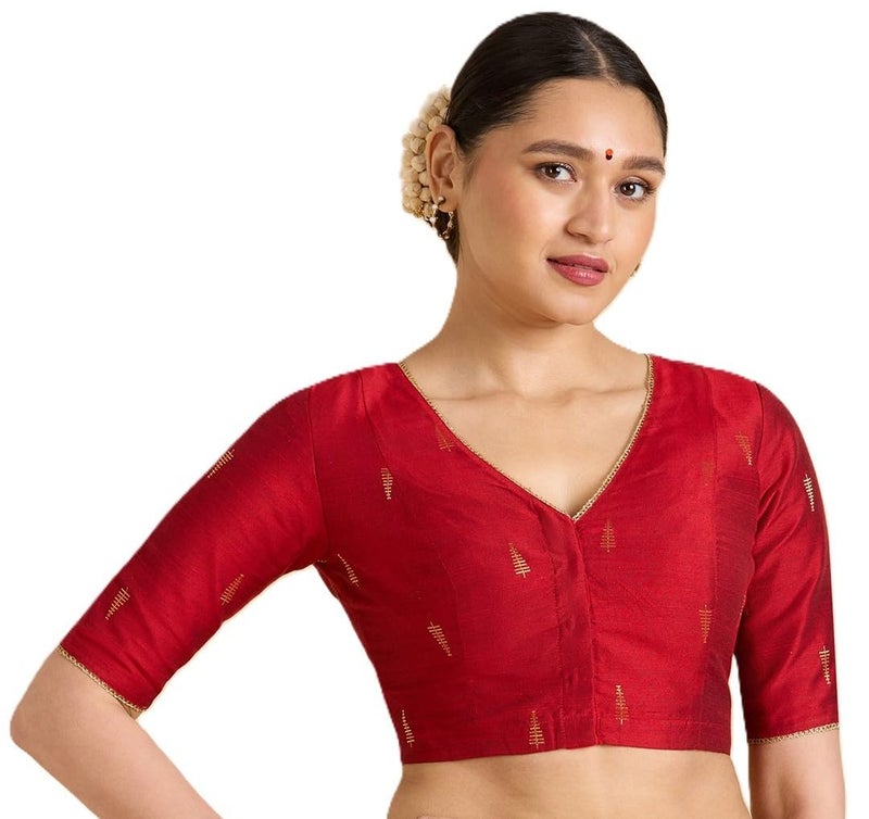 Studio Shringaar Women's Handloom Cotton Silk Readymade Saree Blouse (Red, 34) - Image 1