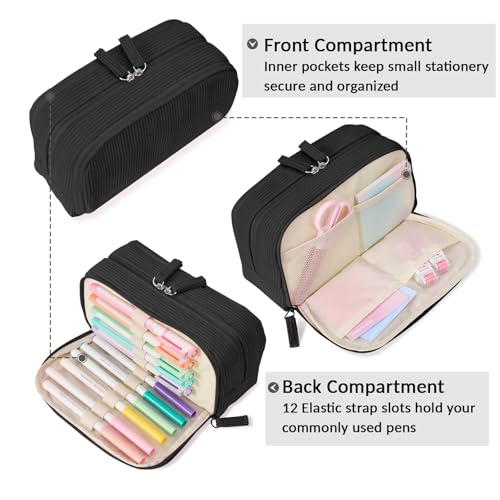 Sooez Big Capacity Pencil Case Pen Pouch, Soft Corduroy Pencil Bag with 3 Compartment, Multiple Pockets, Sturdy Zipper, Cute School Supplies Pen Bag Organizer For Teen Girls College, Black - Image 4