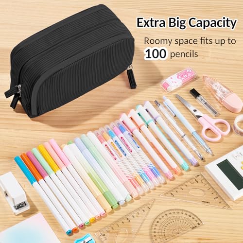 Sooez Big Capacity Pencil Case Pen Pouch, Soft Corduroy Pencil Bag with 3 Compartment, Multiple Pockets, Sturdy Zipper, Cute School Supplies Pen Bag Organizer For Teen Girls College, Black - Image 3