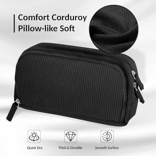 Sooez Big Capacity Pencil Case Pen Pouch, Soft Corduroy Pencil Bag with 3 Compartment, Multiple Pockets, Sturdy Zipper, Cute School Supplies Pen Bag Organizer For Teen Girls College, Black - Image 2