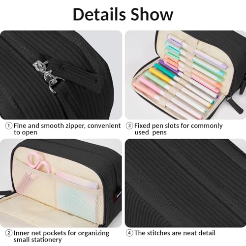 Sooez Big Capacity Pencil Case Pen Pouch, Soft Corduroy Pencil Bag with 3 Compartment, Multiple Pockets, Sturdy Zipper, Cute School Supplies Pen Bag Organizer For Teen Girls College, Black - Image 5