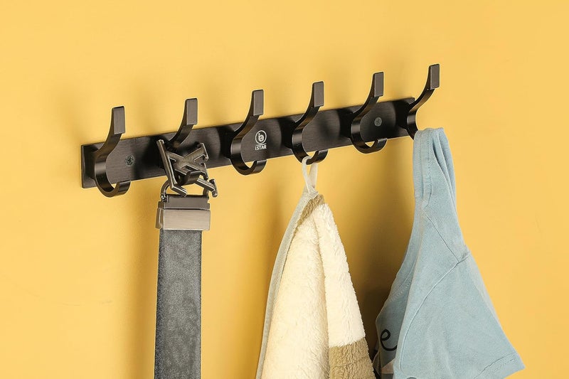 iSTAR خطافات ملابس الحمام 6 دبابيس حامل باب حائط غرفة نوم حمام خطافات رداء سكة لتعليق المفاتيح والملابس ألومنيوم (أسود عبوة من 2) - Image 3