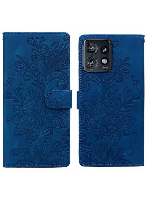 For Motorola Edge+ 2023 Lace Floral Embossed Magnetic Buckle PU Phone Case With Wrist Strap(Blue)