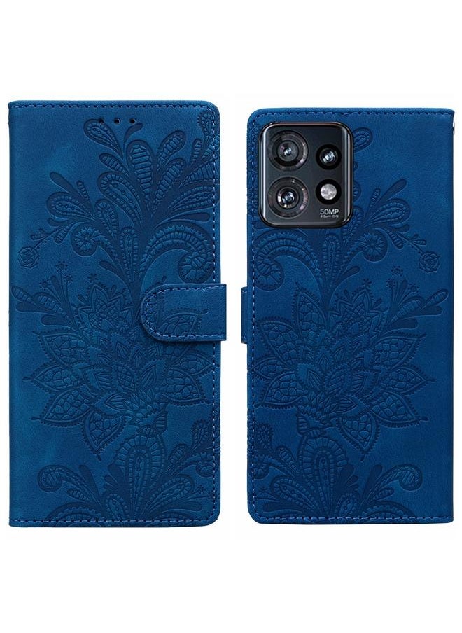 erorex - For Motorola Edge+ 2023 Lace Floral Embossed Magnetic Buckle PU Phone Case With Wrist Strap(Blue) - Image 1