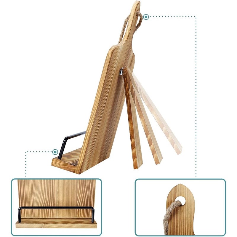 Soligt Cookbook Stand for Kitchen Counter Adjustable iPad Tablet Recipe Book Holder Rustic Wood Cutting Board Style - Brown - Image 5