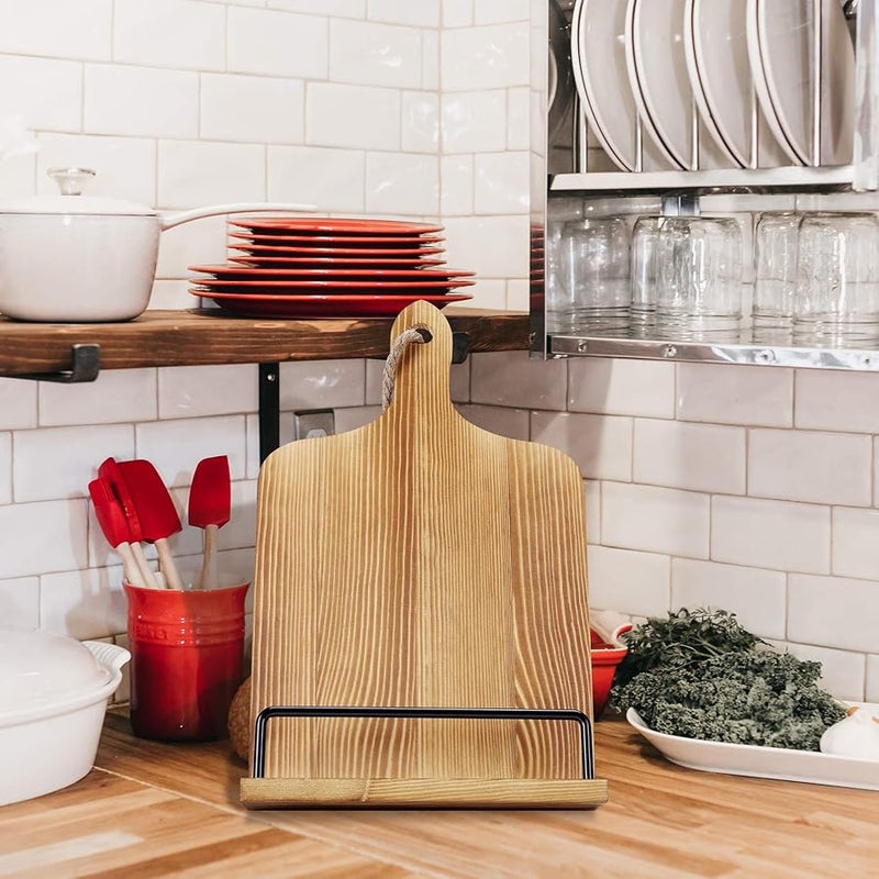 Soligt Cookbook Stand for Kitchen Counter Adjustable iPad Tablet Recipe Book Holder Rustic Wood Cutting Board Style - Brown - Image 2