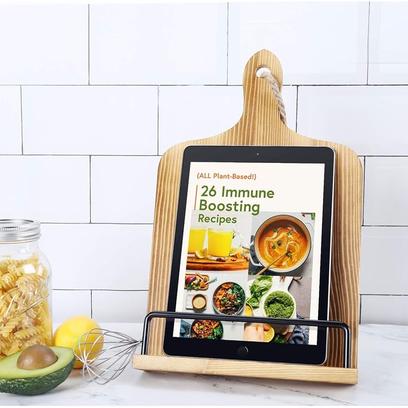 Soligt Cookbook Stand for Kitchen Counter Adjustable iPad Tablet Recipe Book Holder Rustic Wood Cutting Board Style - Brown - Image 3