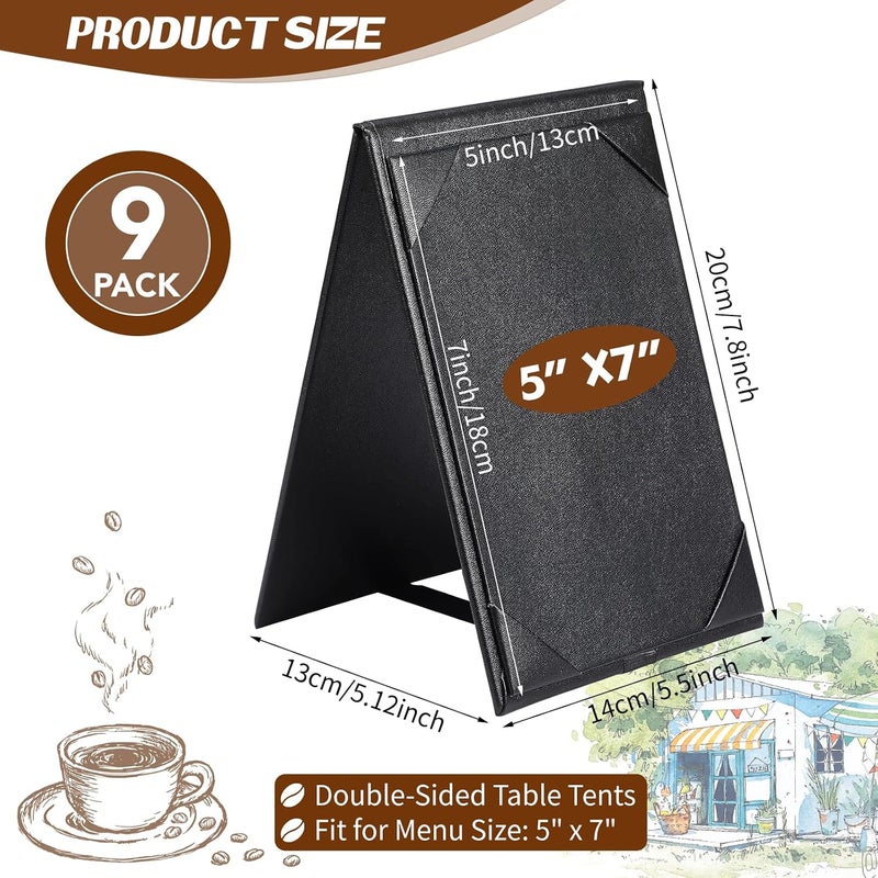 LAIAMER 9 Pack Leatherette Table Tents Menu Holders Black PU Leather Menu Covers Bulk Double Sided Menu Sign Holders A Frame Table Tent for Bar Restaurant Cafe Wedding (2 Sided, 5" x 7") - Image 2