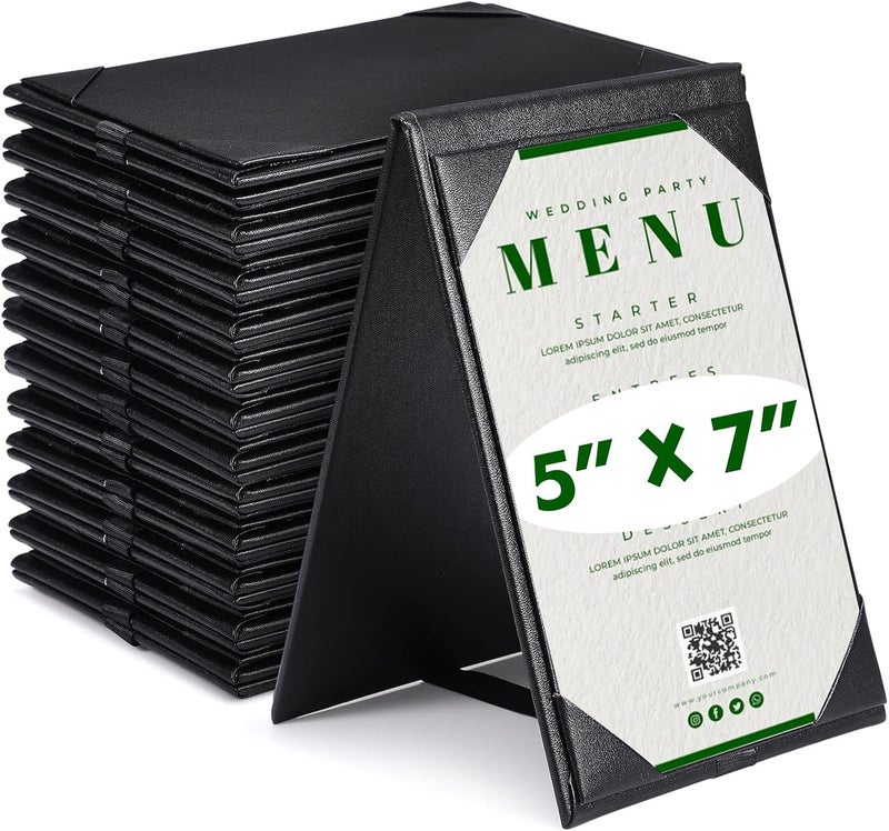 LAIAMER 9 Pack Leatherette Table Tents Menu Holders Black PU Leather Menu Covers Bulk Double Sided Menu Sign Holders A Frame Table Tent for Bar Restaurant Cafe Wedding (2 Sided, 5" x 7") - Image 1