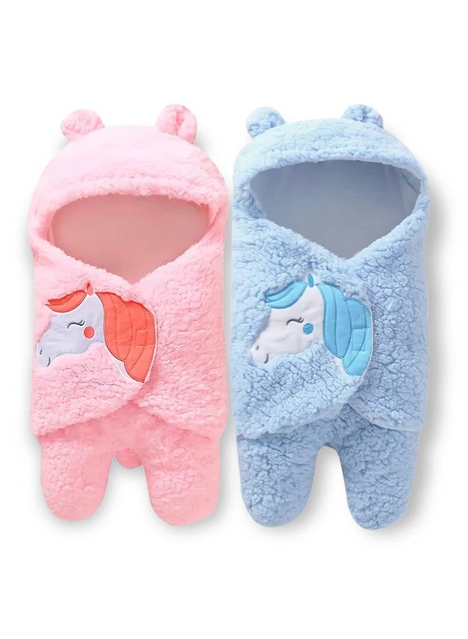 براندون بطانيات أطفال حديثي الولادة مكونة من غطاء بغطاء رأس وكيس نوم للأطفال (3-6 أشهر) وردي، أزرق سماوي، عبوة من قطعتين، بوليستر، لطيفة على البشرة - Image 1