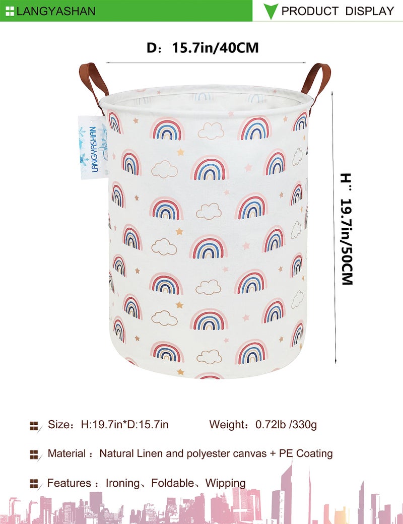 LANGYASHAN Laundry Basket Canvas Fabric Collapsible Organizer Basket for Storage Bin Toy Bins Gift Baskets Bedroom Clothes Children Nursery Hamper (Round Cloud Rainbow) - Image 2